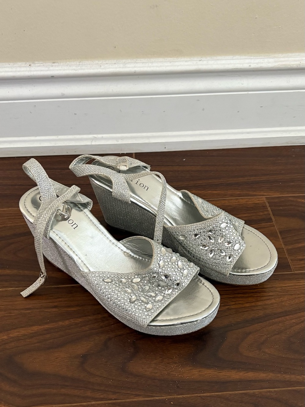 Silver Embellished Wedge Sandals with Ankle Tie
